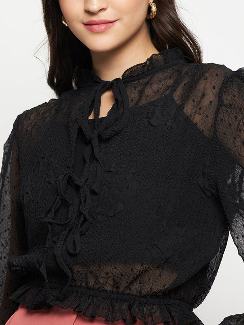 Madame Textured Swiss Dot Detail Black Peplum Top
