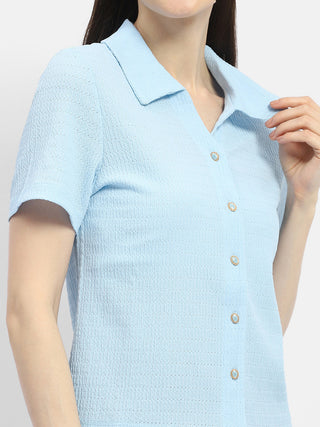 Madame Textured Sky Blue Half Sleeve Shirt