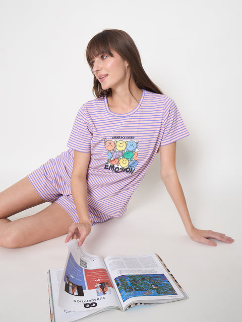 mSECRET Printed Top, Shorts and Bottoms Purple Night Suit