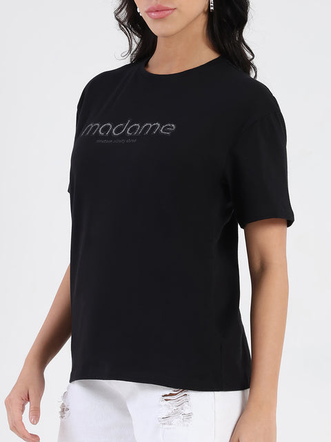 Madame Swarovski and Print Sticker Black Cotton T-shirt