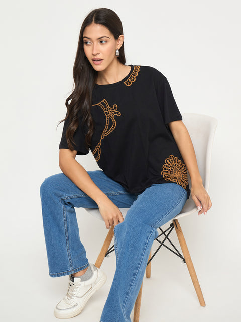 Madame Embroidery Patchwork Detailed Black Cotton T-shirt