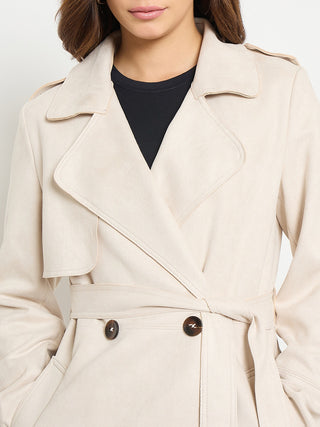 Madame Lapel Notch Collar Off White Long Coat with Belt and Buttons
