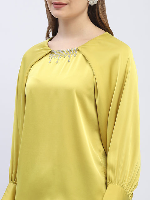 Madame Rhinestone Embellished Lime Green Raglan Style Sleeve Top