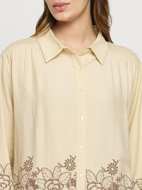 Madame Beige Embroidered Rayon Full Sleeve Shirt