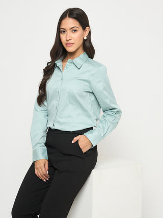 Madame Buttoned Front Solid Cotton Blend Green Shirt