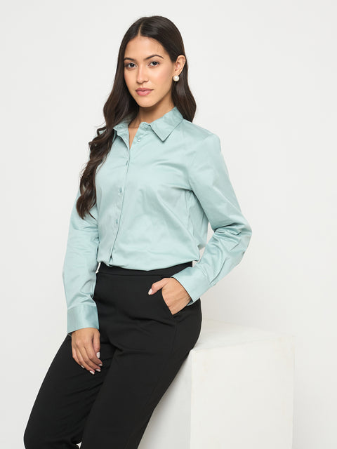 Madame Buttoned Front Solid Cotton Blend Green Shirt