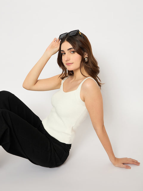Madame Sleeveless Solid White Ribbed Knit Sweater