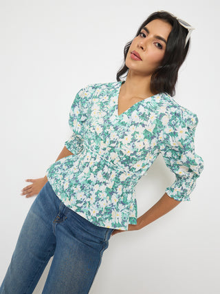 Madame Abstract Print Nylon Blend Pink Peplum Top