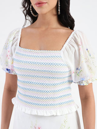 Madame Chiffon Smoking Contrast Threads Printed White Top