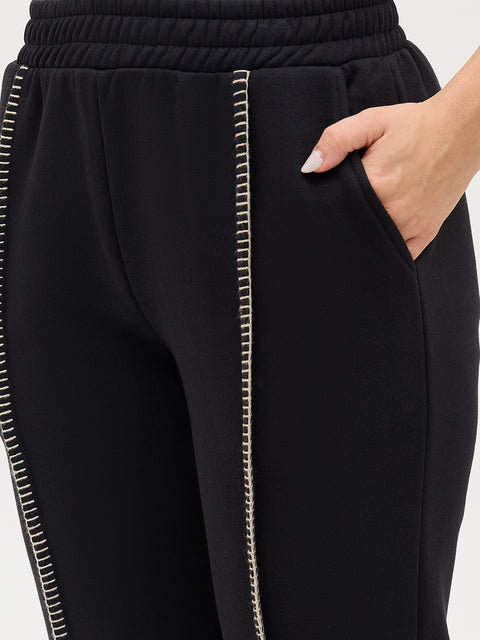 Madame Black Fleece Track Pants With Contrast Stitch