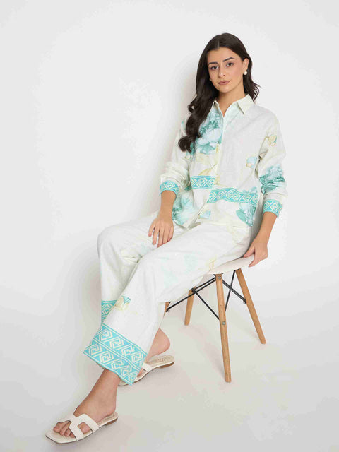 Madame Floral Print Top and Bottom Sea Green Cotton Co-ord Set