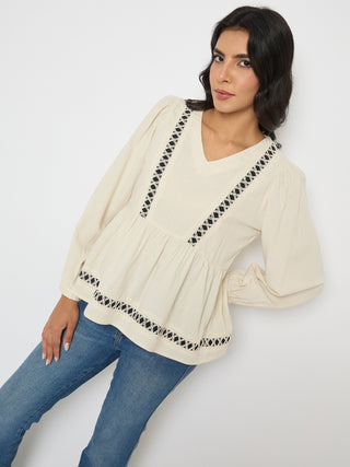 Madame Geometric Pattern Embroidery Rayon Blend Off White Top