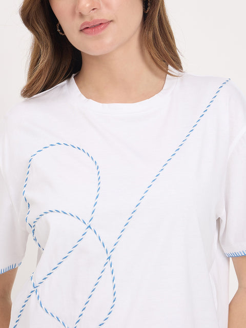 Madame White Embroidered Cotton Round Neck T-Shirt