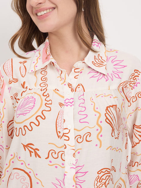 Madame Off White Printed Rayon Full Sleeve Shirt