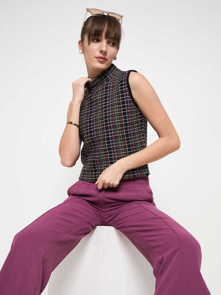 Madame Multicolored Chequered Tweed Black Funnel Neck Top