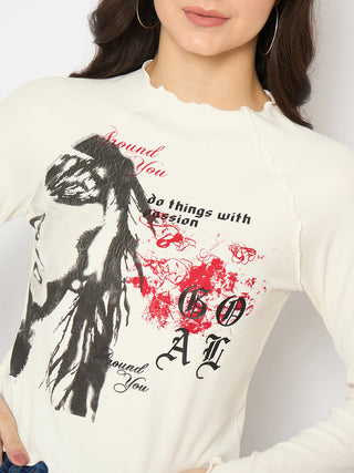 Madame Graphic Print Raglan Sleeve Off White T-shirt