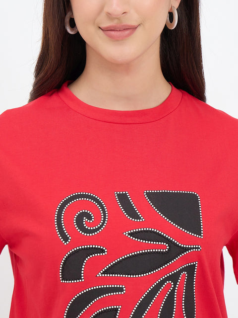 Madame Red Cotton Printed Half-Sleeve T-Shirt