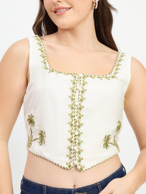 Madame Embroidered Off White Viscose Crop Top