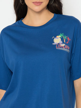 Madame Graphic Adorned Royal Blue Cotton T-shirt