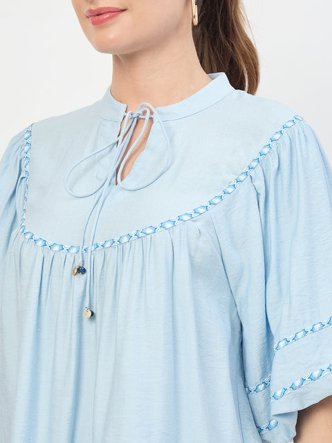 Madame Blue Aura Rayon Ruffle Top with Embroidery Trim