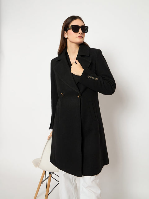 Madame Front Welt Pocketed Double Breasted Black Long Coat