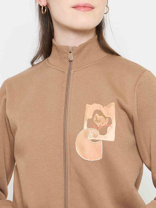 Madame Beige Mock Neck Sweatshirt with Graphic Print Pocket Patch