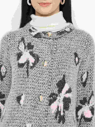 Madame Floral Print Button-Front Black Cardigan featuring a stylish floral design and button details.