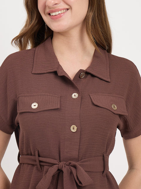 Madame Brown Rayon Roll-Up Sleeve Collared Co-ord Set