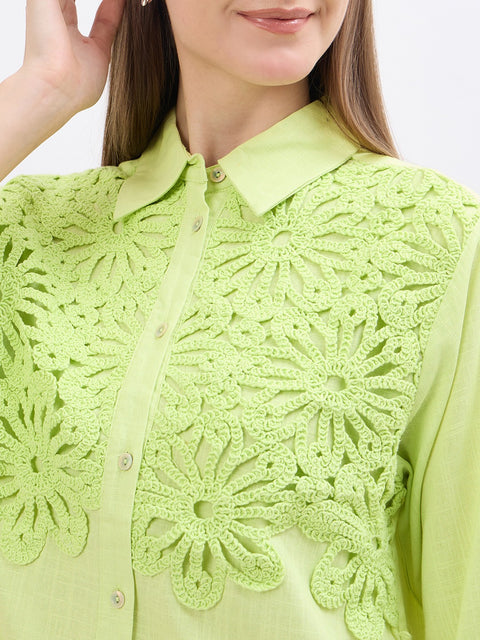 Madame Embroidery Patchwork Pear Green Viscose Shirt