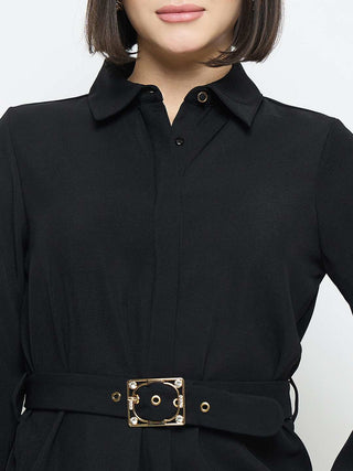 Madame Solid Belted Black Shirt