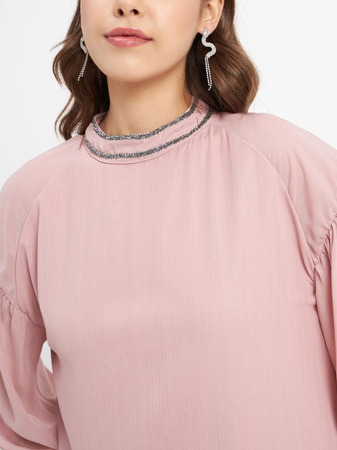 Madame Embellished Neckline Turtle Neck Solid Pink Top