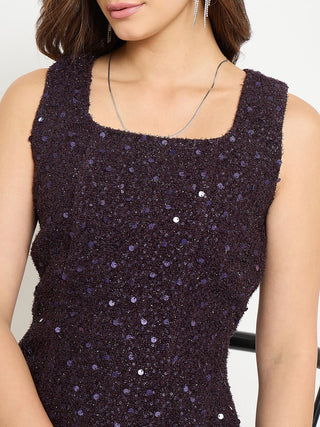 Madame Square Neck Shimmery Purple Sheath Dress