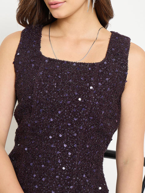 Madame Square Neck Shimmery Purple Sheath Dress