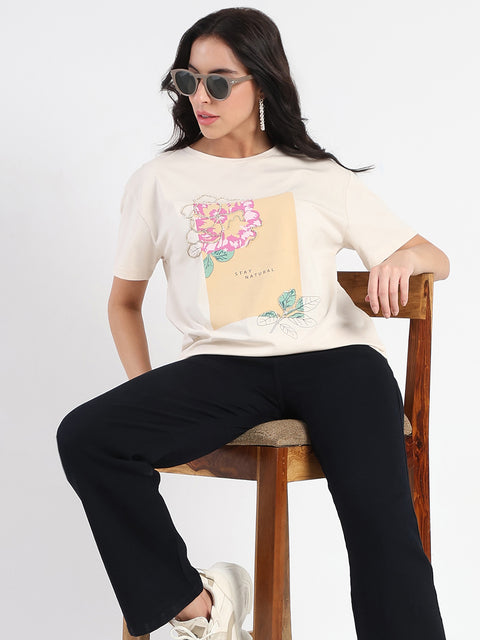 Madame Graphic Print Beige Cotton Blend T-shirt