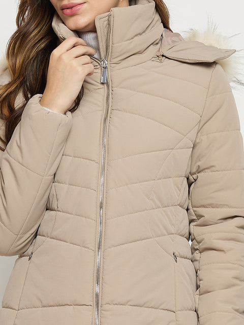 Madame Beige Quilted High Neck Full Sleeve Midi Jacket