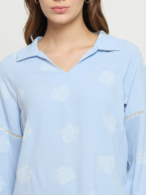 Madame Blue Printed Collar Puff Sleeve Top
