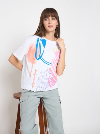 Madame Handwork Detail with Graphic Print White T-shirt