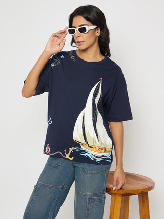 Madame Abstract Print Navy Blue Cotton T-shirt