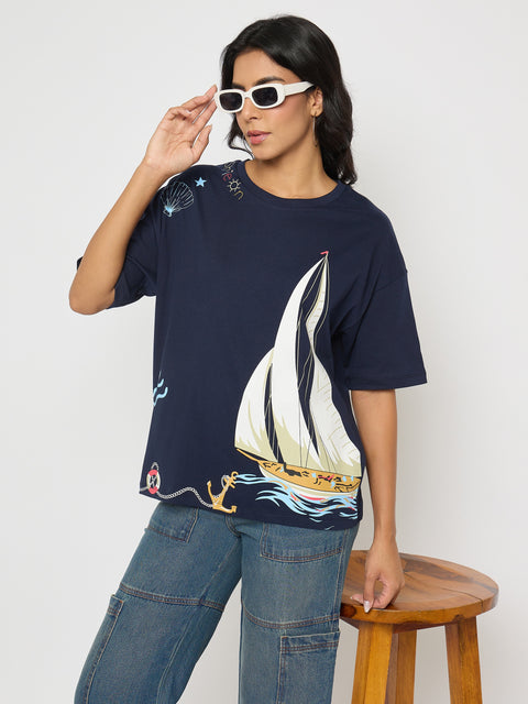 Madame Abstract Print Navy Blue Cotton T-shirt