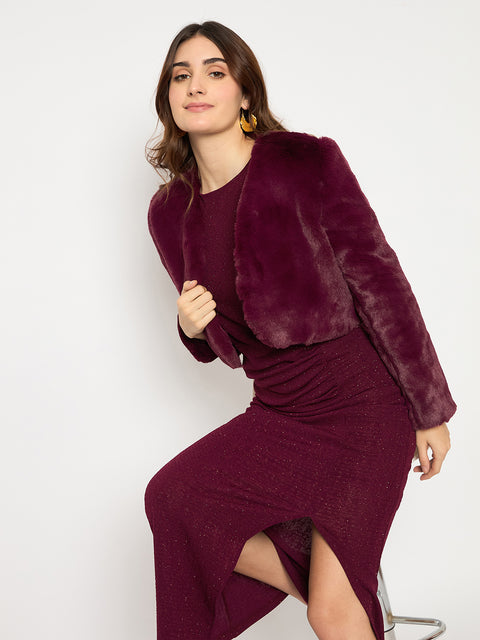 Madame Shimmery Gathered Detail Bodycon Wine Maxi Dress