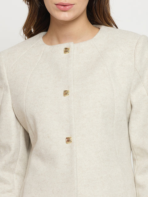 Madame Beige Round Neck Full Sleeve Short Coat