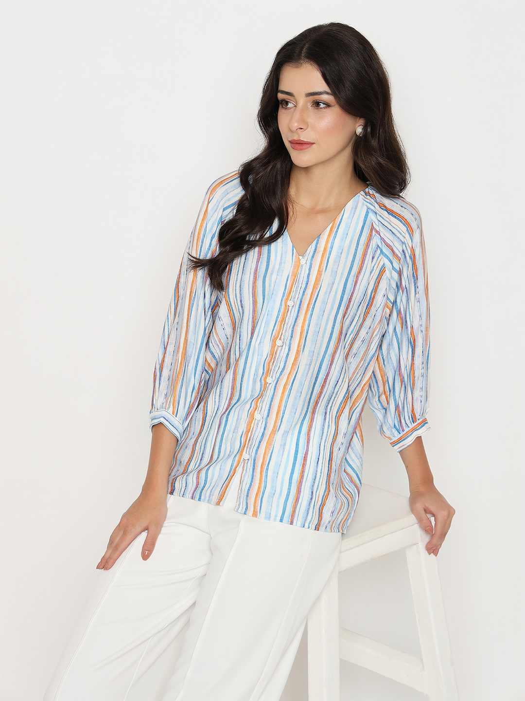 Madame Striped Rayon Blend Blue Top color swatch