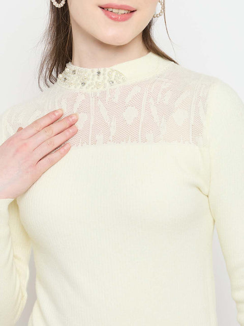 Madame Mock Neck Embellished Off White Sweater
