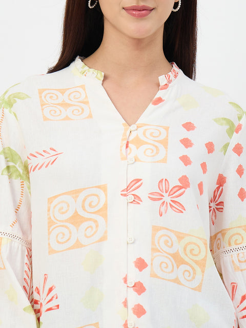 Madame Off-White Printed Mandarin-Collar Viscose Tunic