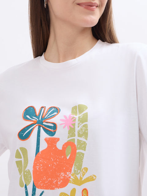 Madame Floral Print White Cotton T-Shirt