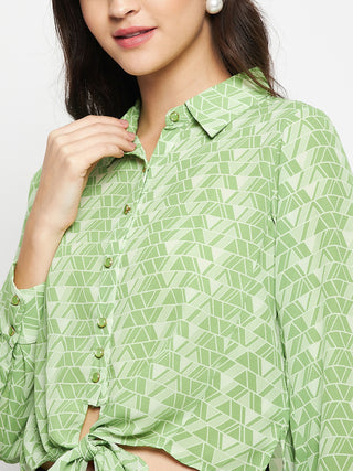 Madame Geometric Print Tie Front Green Shirt