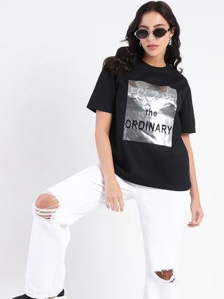Madame Swarovski Detailed Graphic Print Black Cotton T-shirt