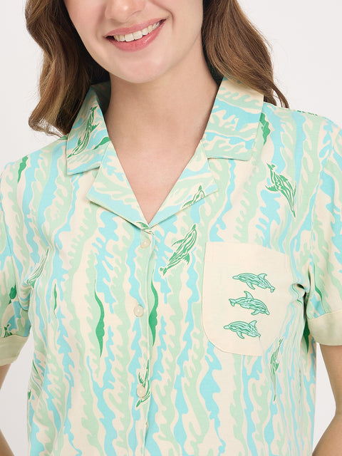 mSECRET Mint Printed Cotton Half Sleeve Night Suit