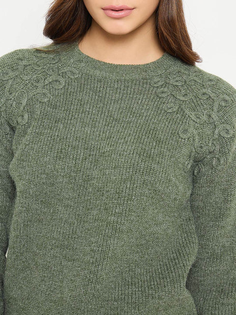 Madame Embroidered Olive Green Sweater