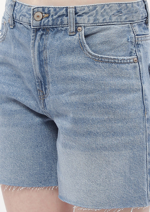 Madame Low Rise Blue Distressed Hem Shorts